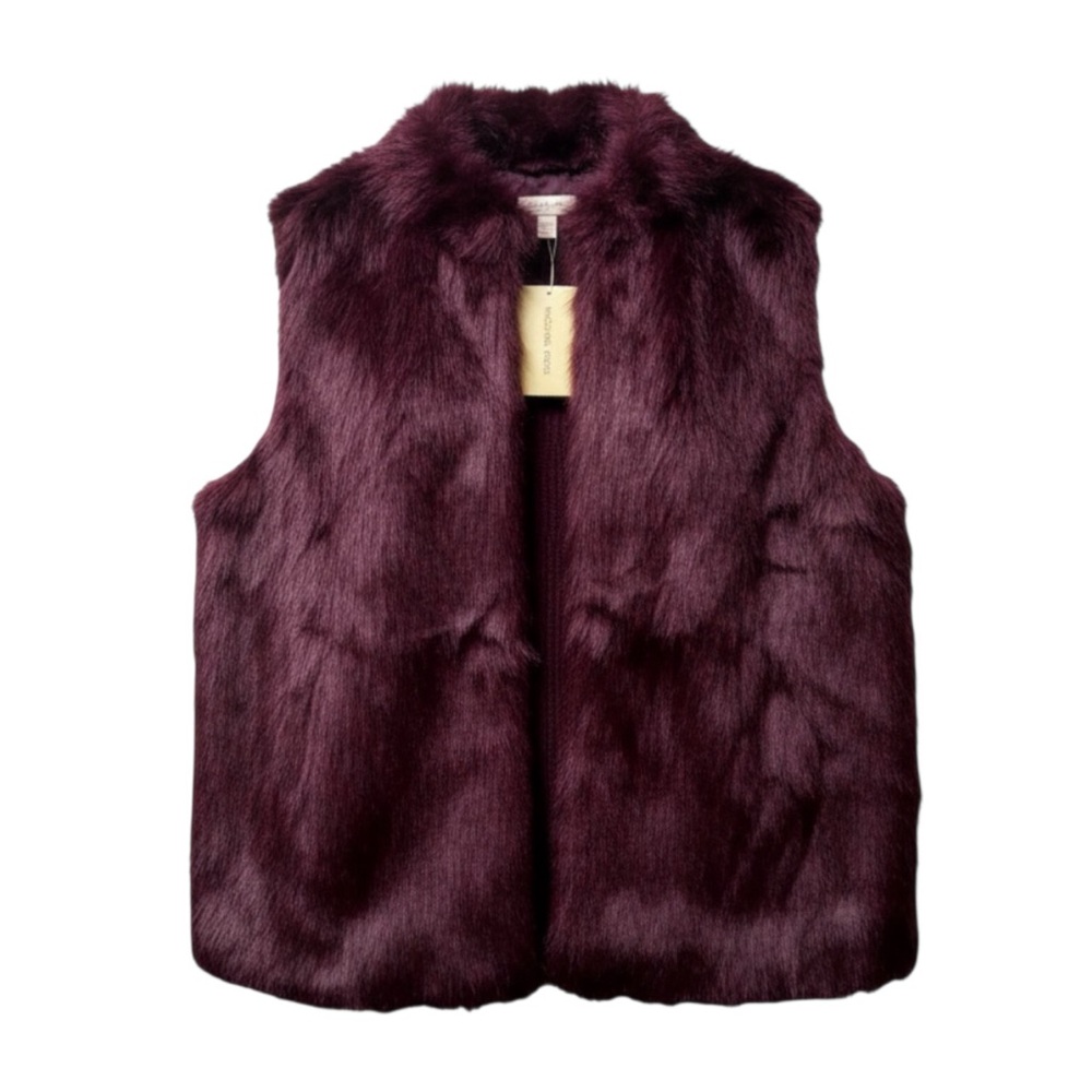 NWT Michael Kors Plum Burgundy Purple Faux Fur Sweater Open Front Vest
